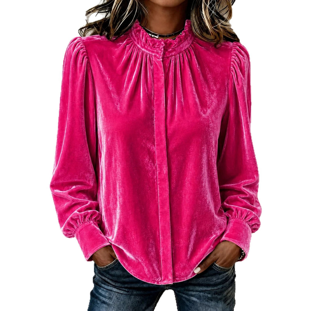 Damen Samtbluse mit Rüschen-Stehkragen, verdeckter Knopfleiste und gerafften Ballonärmeln Shop Nory