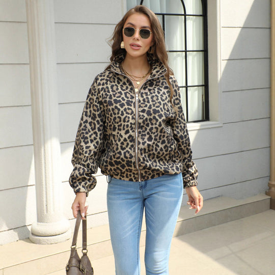 Damen Leopard-Print Bomberjacke mit Stehkragen, Reißverschluss und Gummizug Shop Nory