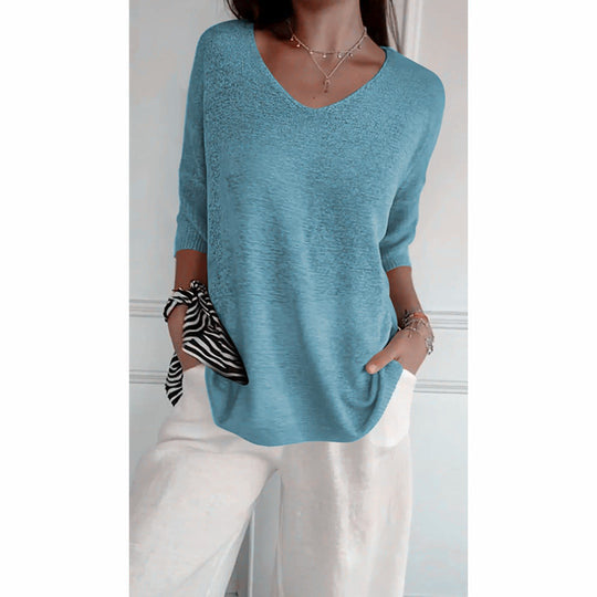 Damen nan locker sitzender V-Ausschnitt Feinstrickpullover mit dreiviertelÄrmeln Shop Nory