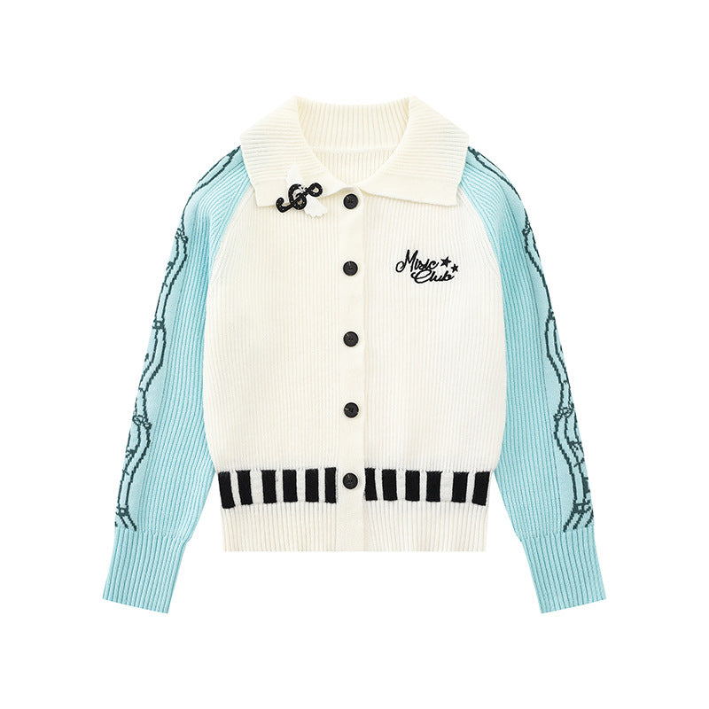 Damen Strickjacke mit Kontrastärmeln, Musikalischer Stickerei und Polokragen Shop Nory