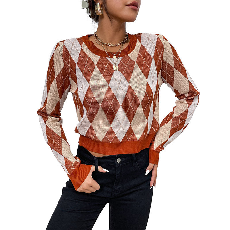 Damen Taillierter Kurzpullover im Rautenmuster mit Feinstrick und Rippbündchen Shop Nory