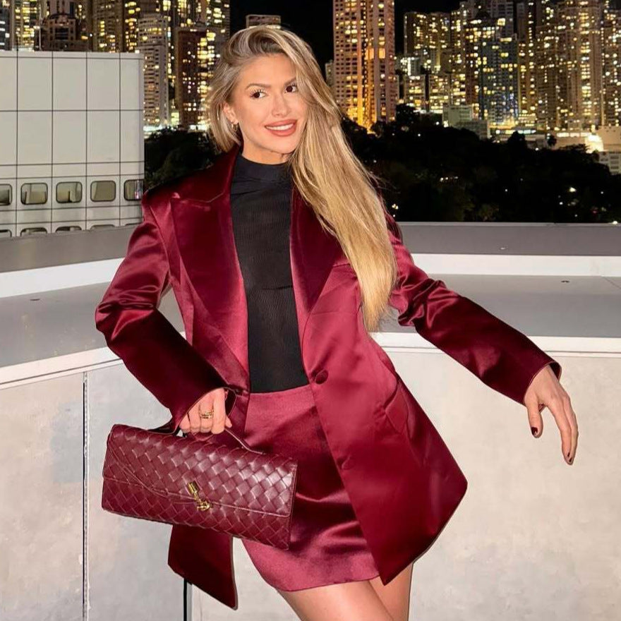 Damen eleganter Satin Blazer mit passendem Minirock Shopnory