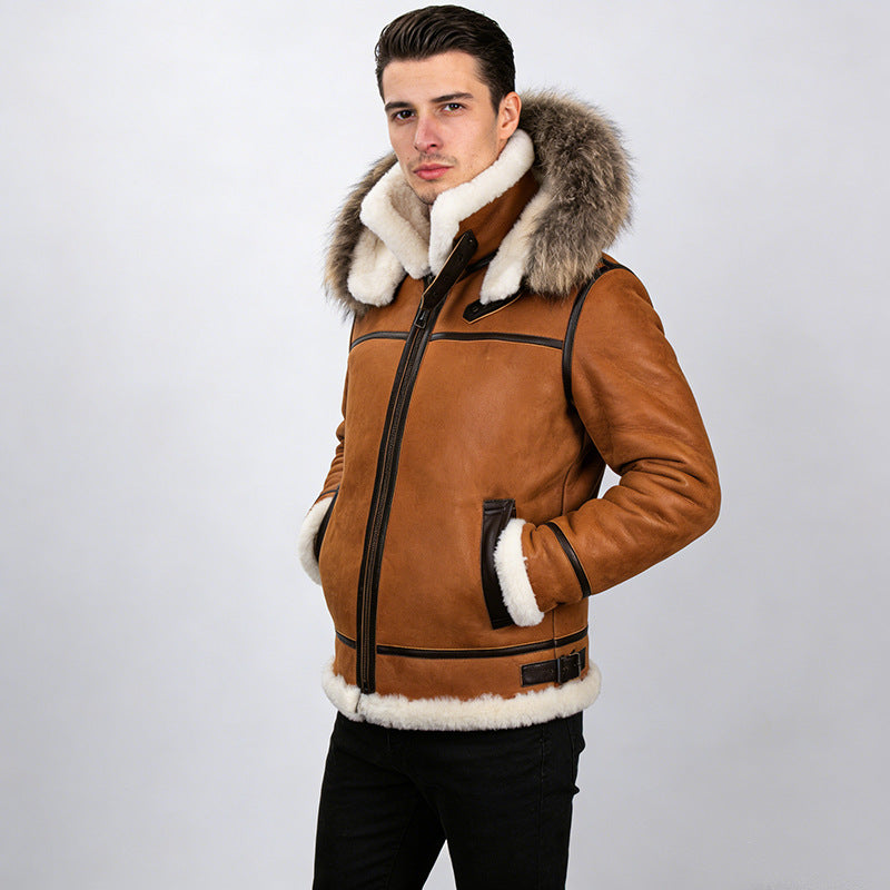 Herren Lammfell-Bomberjacke im Aviator-Stil mit Kapuze und Kontrastlederbesatz Shop Nory