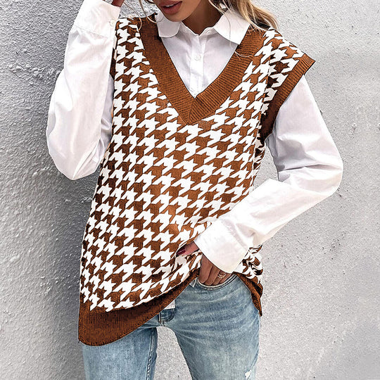Damen Oversize Strickweste mit Hahnentritt‑Muster und tiefem V‑Ausschnitt Shop Nory