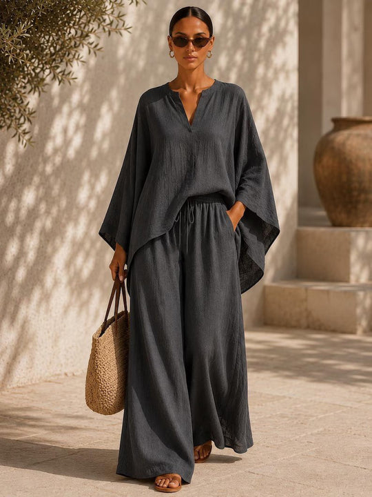 Damen Leichte Leinenmischung Übergroße Kaftan-Oberteil und Kordelzug Weitbein-Hosen Set Shop Nory