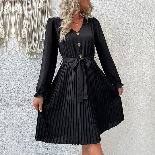 Damen Midikleid mit V-Ausschnitt, tailliertem Bindegürtel und plissiertem Tellerrock Shop Nory