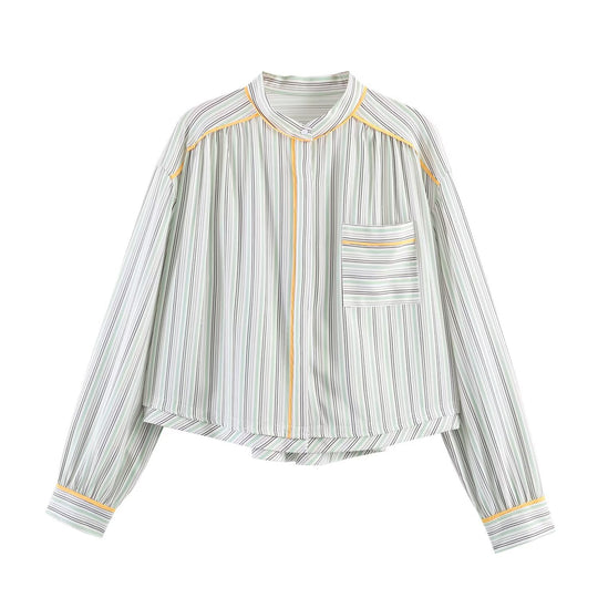Damen Oversize-Bluse im Cropped-Schnitt mit Stehkragen, feinem Streifenmuster und Kontrastpaspel Shop Nory
