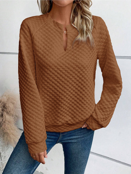 Damen Gestepptes Sweatshirt mit Schlitzkragen, Rautenstruktur und Raglanärmeln Shop Nory