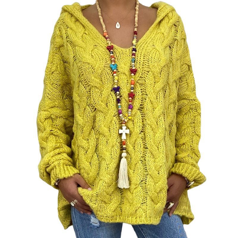 Damen Oversized Zopfmuster-Strickpullover mit Kapuze und lässigem V‑Ausschnitt Shop Nory
