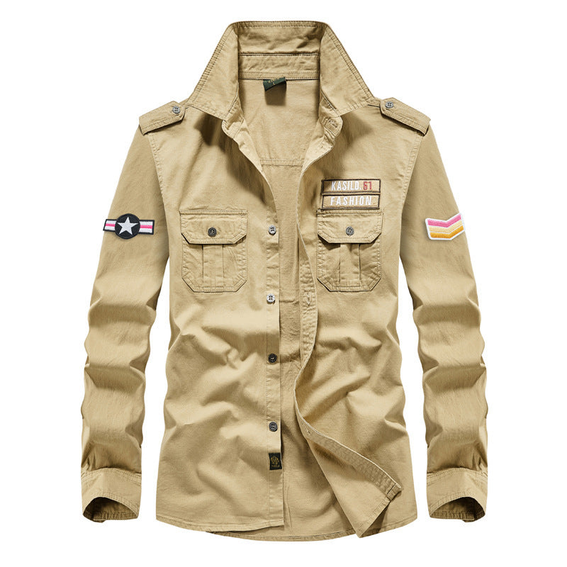 Herren Militärinspiriertes Hemdblouson mit Schulterpatten, Brustpattentaschen und Abzeichenpatches Shop Nory
