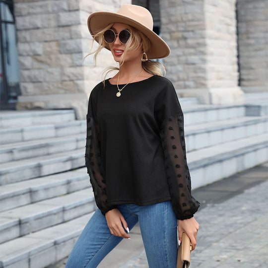 Damen Feinstrickpullover mit transparenten Chiffon-Ärmeln und Punktapplikationen Shop Nory