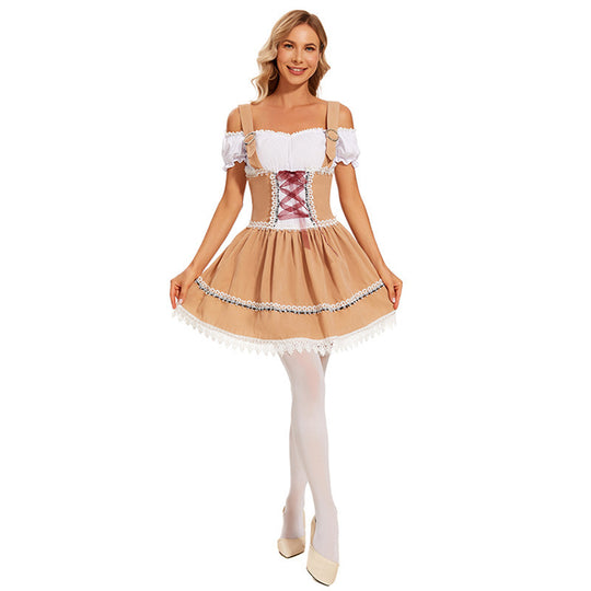 Damen nan bayerisch inspiriertes Minikleid mit geschnürter Korsage, Carmenbluse und Filzhut Shop Nory