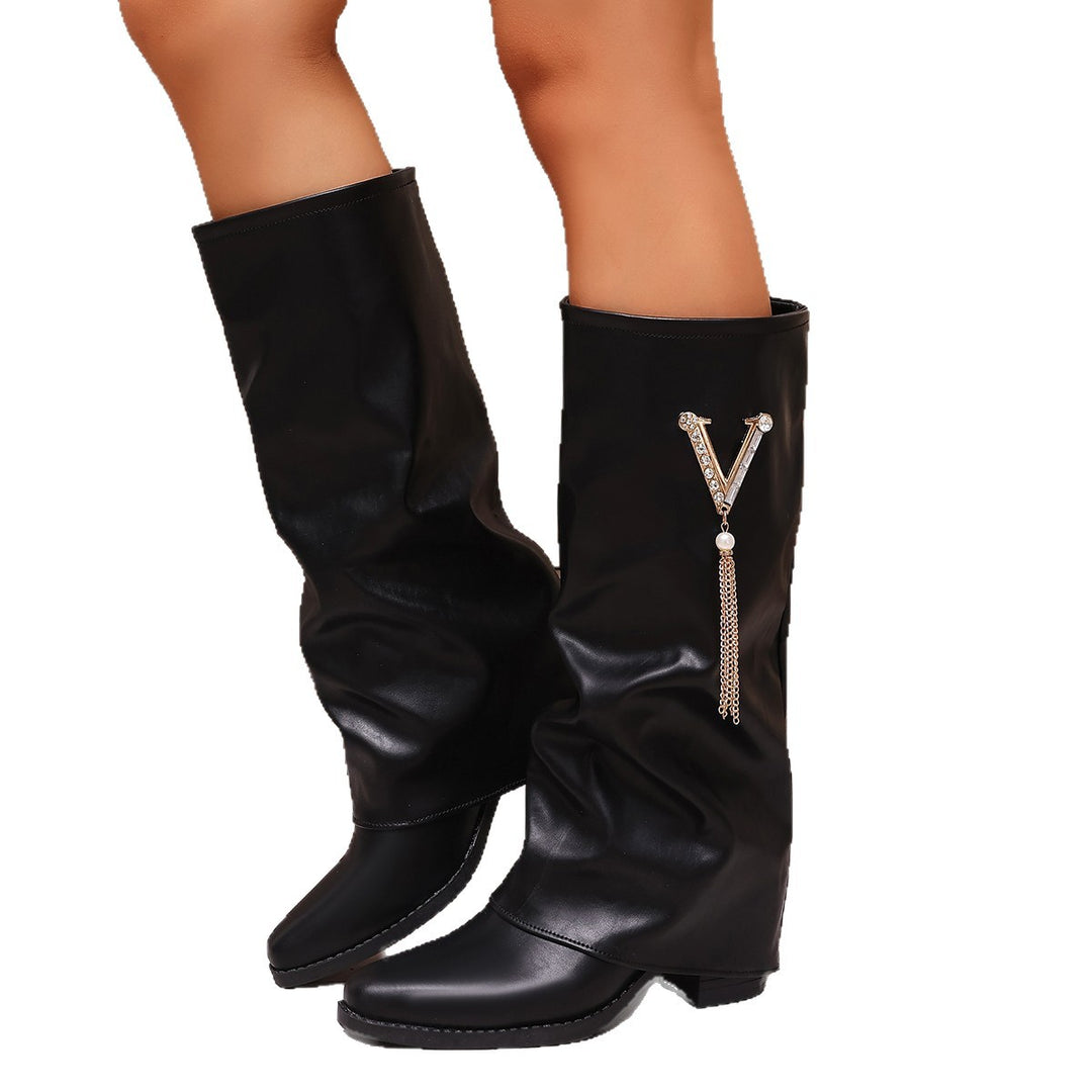 Damen Kniehohe Slouch‑Stiefel mit Strassbesatz und mittlerem Blockabsatz Shop Nory