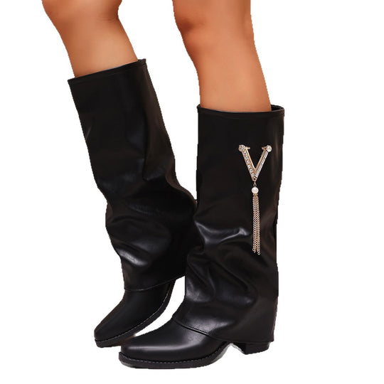 Damen Kniehohe Slouch‑Stiefel mit Strassbesatz und mittlerem Blockabsatz Shop Nory