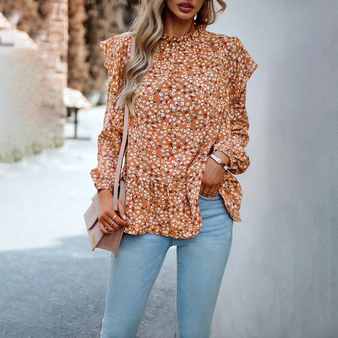 Damen nan geblümte Chiffon-Bluse mit gerafftem Stehkragen, Volant-Schultern und tailliertem Stufen-Saum Shop Nory