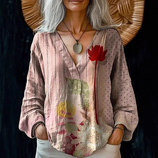 Damen Boho-Leinenmischung Tunika-Bluse mit V-Ausschnitt und floraler Aquarellstickerei Shop Nory