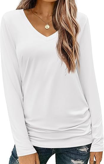 Damen Figurbetontes V‑Ausschnitt Langarmshirt aus Stretch‑Jersey mit leicht gerafftem Saum Shop Nory
