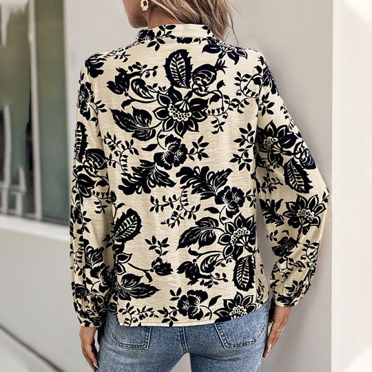 Damen Florale Viskose-Bluse mit Stehkragen, Kellerfalten und verdeckter Knopfleiste Shop Nory