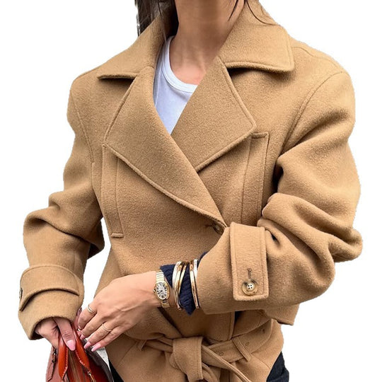 Damen Taillierter Wollmix-Kurzmantel mit Bindegürtel, breitem Revers und Knopfmanschetten Shop Nory