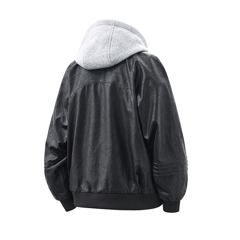 Unisex Weit geschnittene Kunstleder Bomberjacke mit kontrastkapuze und Rippbündchen Shop Nory