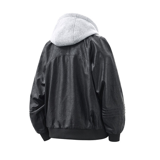Unisex Weit geschnittene Kunstleder Bomberjacke mit kontrastkapuze und Rippbündchen Shop Nory