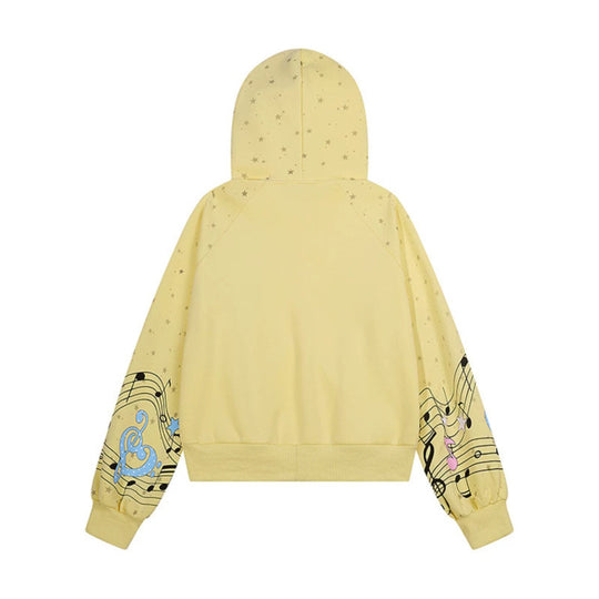 Damen Kapuzen-Sweatjacke mit Front-Reißverschluss, musikalischem Print und Sternchen-Design Shop Nory