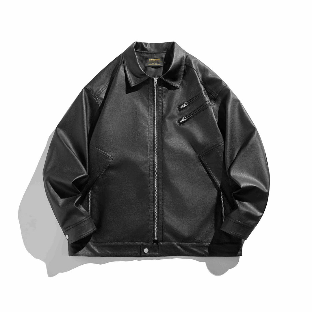 Herren Kurz geschnittener Boxy-Kunstlederblouson mit hochgeschlossenem Kragen und Zipper-Brusttaschen Shop Nory