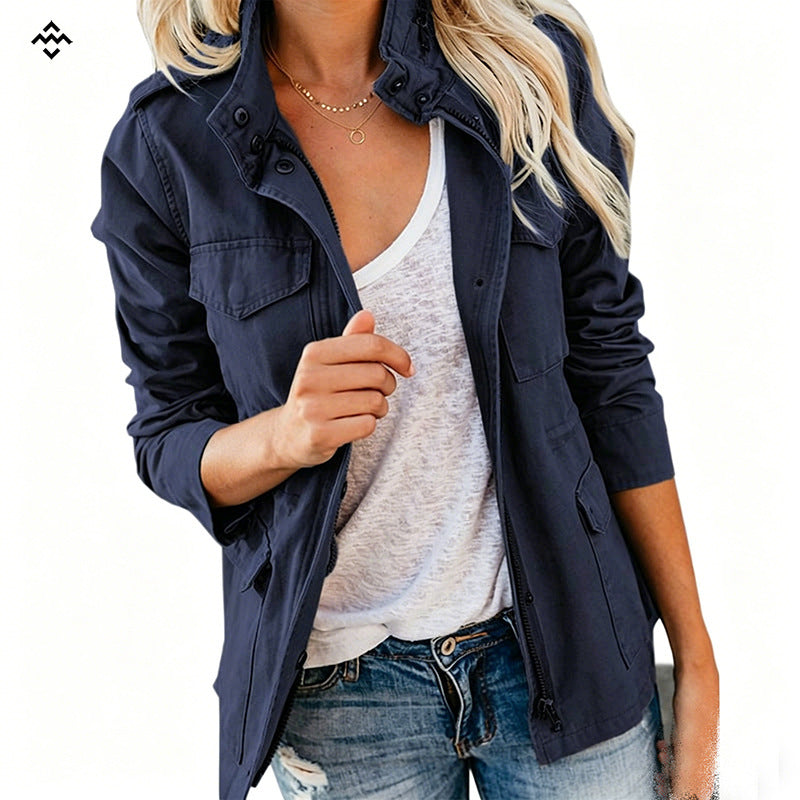 Damen leichte Feldjacke im Utility-Stil mit Stehkragen und Mehrfachtaschen Shop Nory