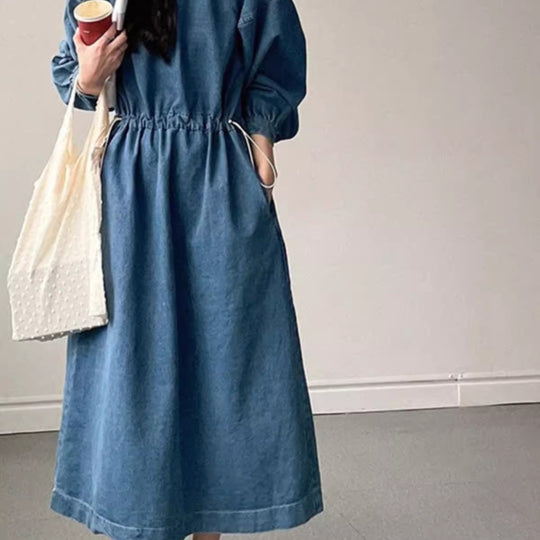 Damen Denim-Midikleid mit Kordelzugtaillierung Shop Nory