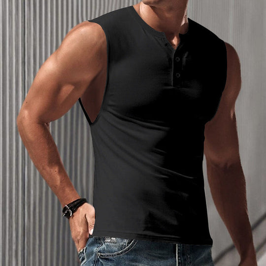 Herren nan ärmelloses Muskelshirt mit Henley-Knopfleiste, tiefem Armausschnitt und elastischem Baumwollmix