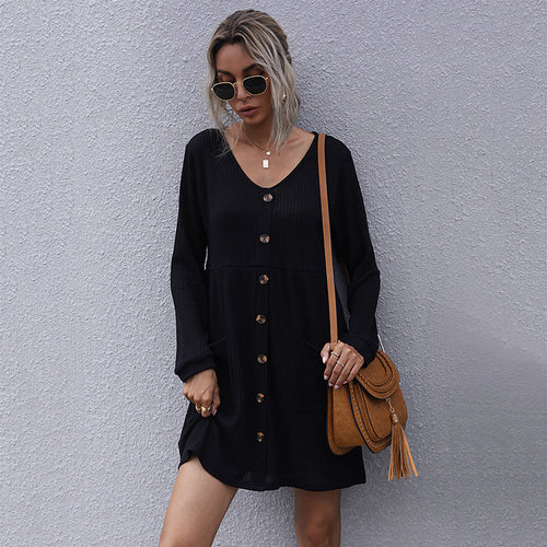 Damen Strick-Kurzkleid mit V‑Ausschnitt, Knopfleiste und Eingrifftaschen Shop Nory