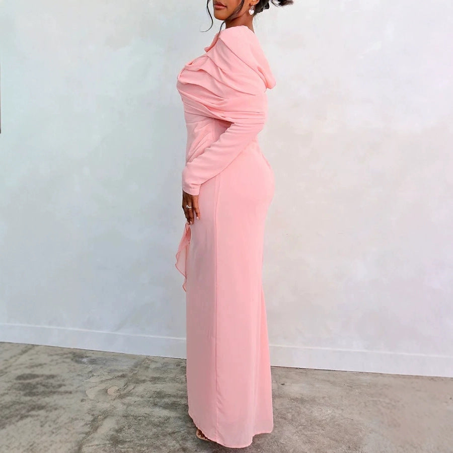 Damen Glamouröses Langarmkleid mit drapiertem Oberteil und fließendem Schnitt