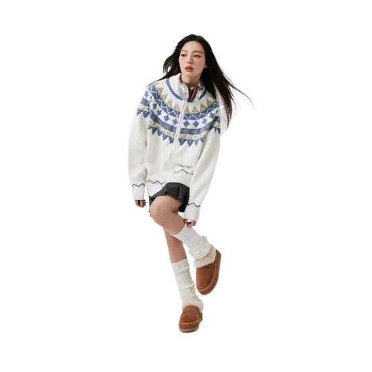 Damen Lässige Strick-Zipjacke mit Jacquard-Yoke und Rippbündchen Shop Nory