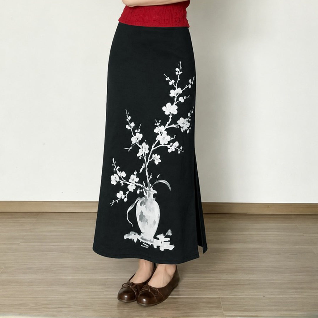 Damen nan ausgestellter Maxi-Rock mit A-Linien-Schnitt, elastischem Bund und floraler Aquarell-Vasen-Print Shop Nory