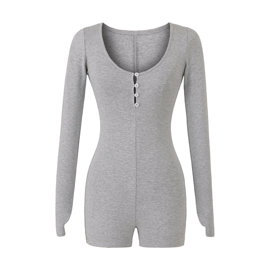 Damen Enganliegender Langarm-Body mit Knopfleiste und kurzer Shorts Shop Nory