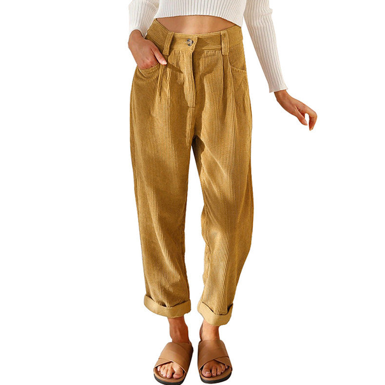 Damen Hochtaillierte Kordhose mit Falten, lockerer Passform und umgeschlagenem Saum Shop Nory