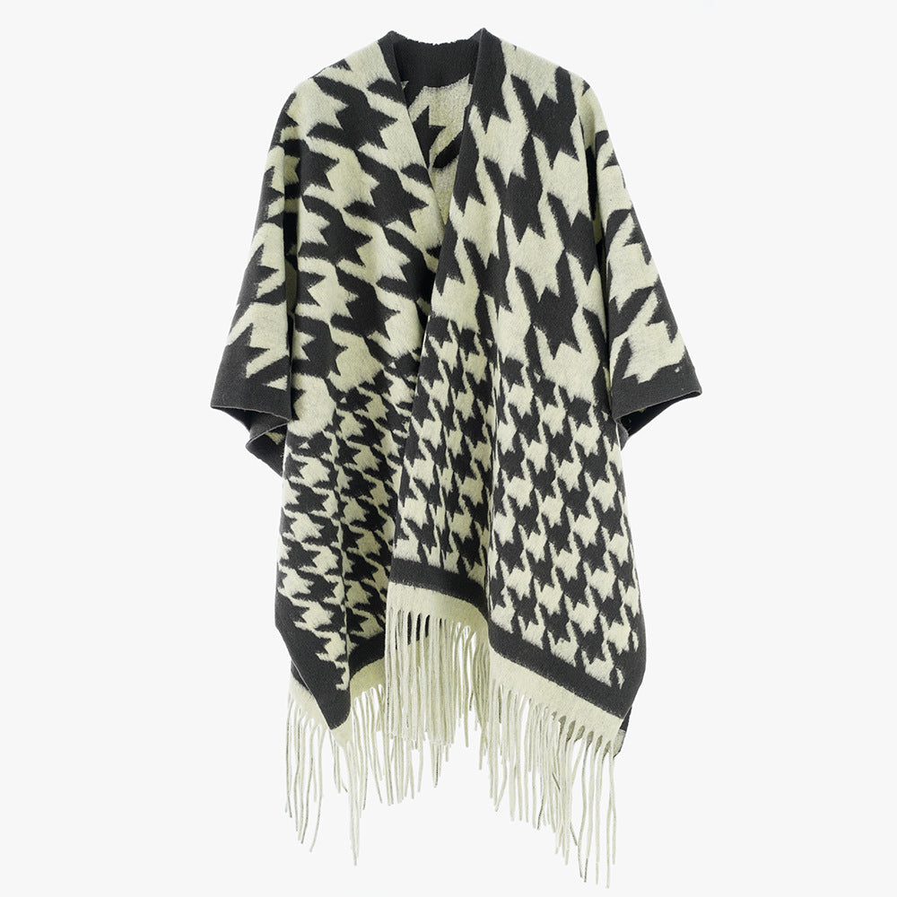 Damen Wollmix-Poncho mit Hahnentritt-Muster und Fransensaum Shop Nory