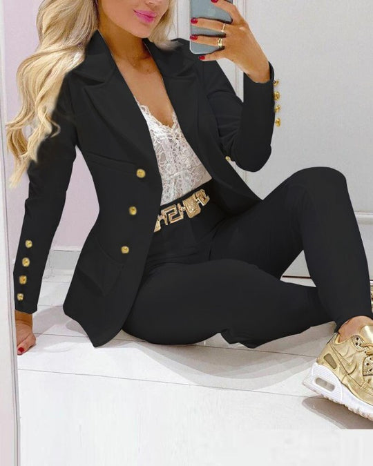 Damen Taillierter Zweiteiler Blazer mit Goldknöpfen und Slim-Fit Hose Shop Nory