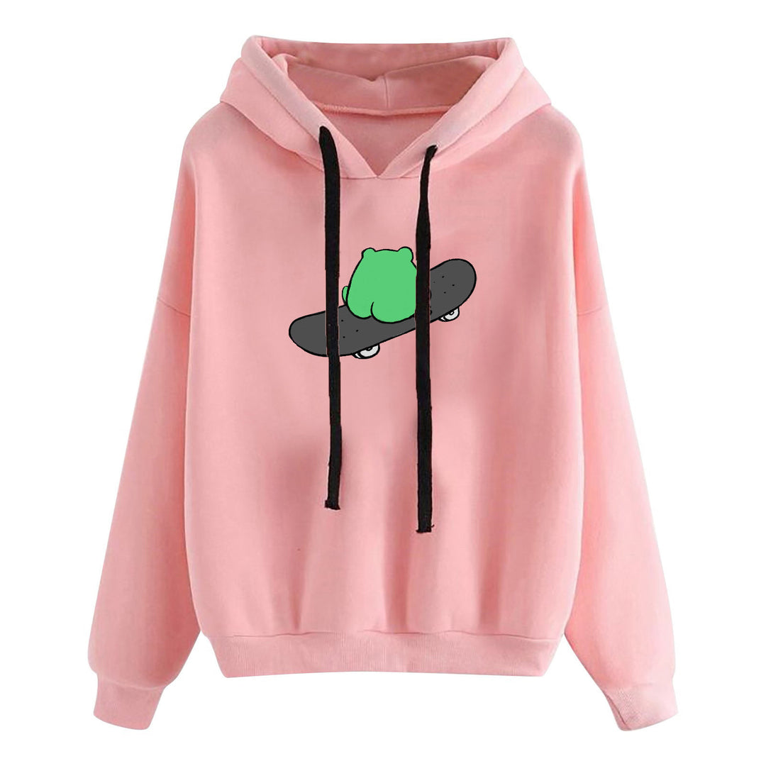 Damen nan kurz geschnittener Cropped-Kapuzenpullover mit niedlicher Frosch-Illustration und verstellbarer Kapuze Shop Nory