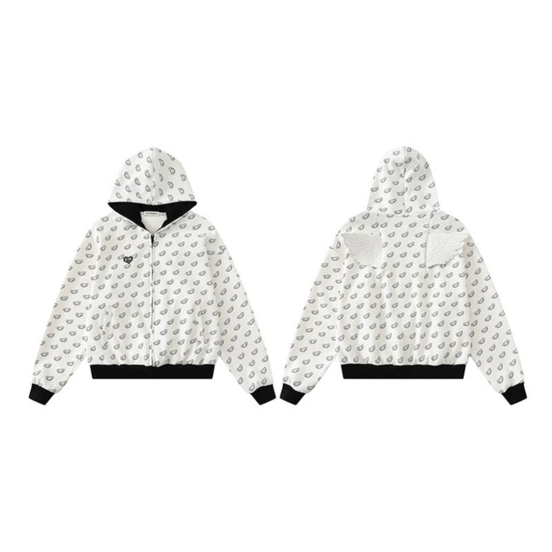 Damen Kapuzensweatjacke mit Allover‑Flügelmotiv, durchgehendem Reißverschluss und kontrastierenden Bündchen Shop Nory