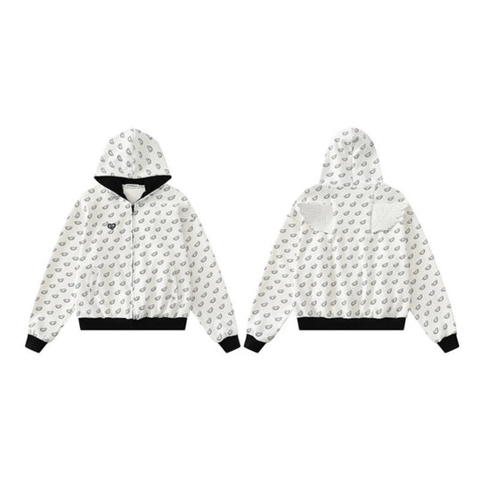 Damen Kapuzensweatjacke mit Allover‑Flügelmotiv, durchgehendem Reißverschluss und kontrastierenden Bündchen Shop Nory