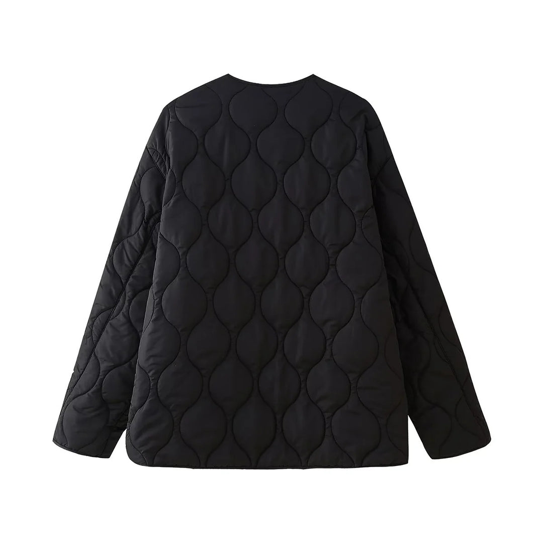 Damen geometrisch gesteppte Oversize-Linerjacke ohne Kragen Shop Nory