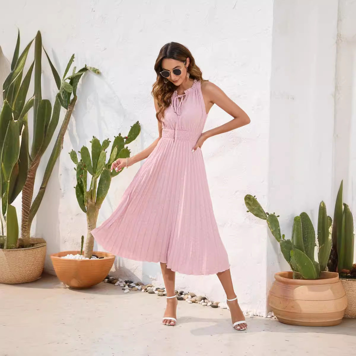 Damen Plissiertes Midikleid mit elegantem Schlitz und verstellbarem Kragen Shopnory