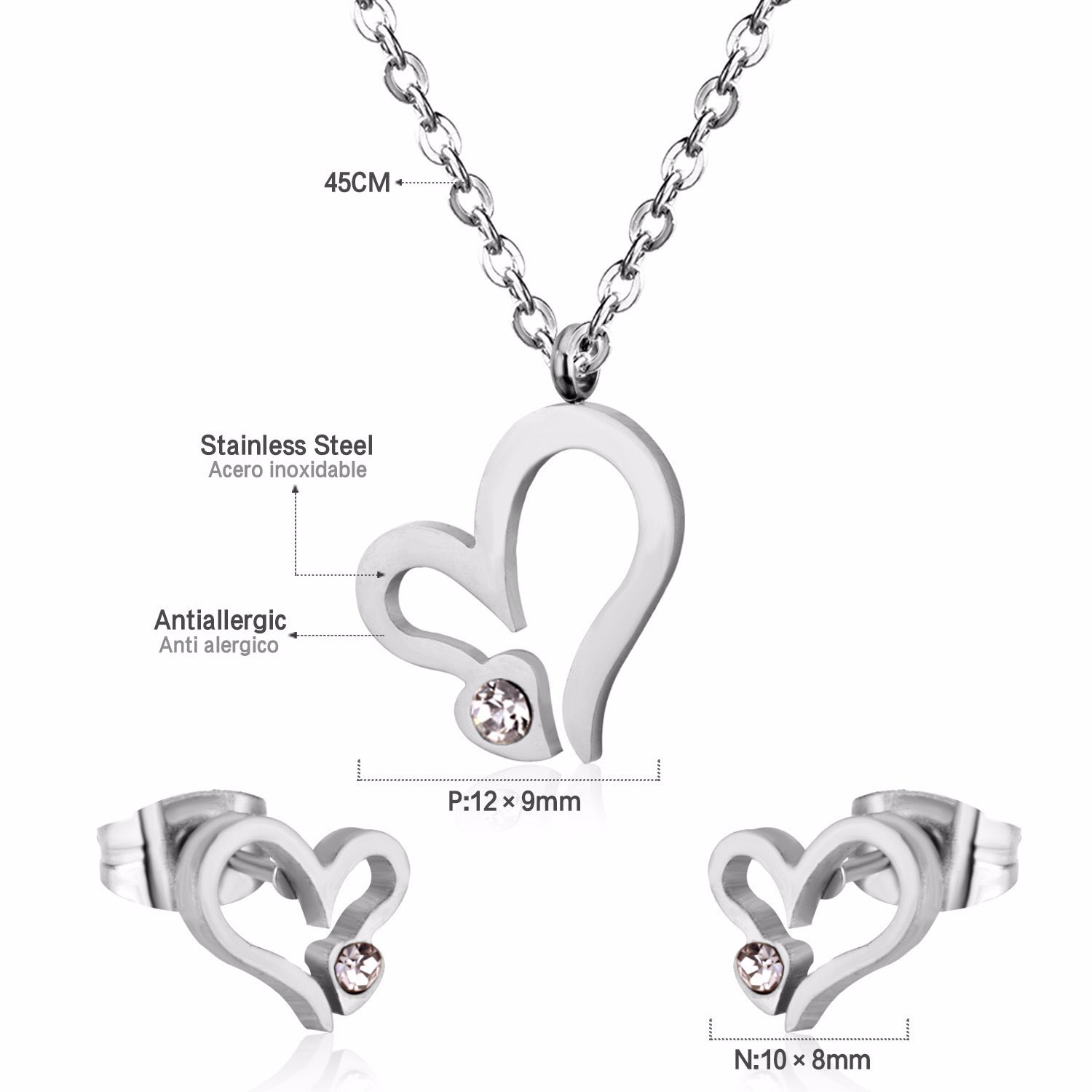 Damen Schmuckset mit Herzanhänger und Ohrringen aus hochwertigem Edelstahl Shop Nory