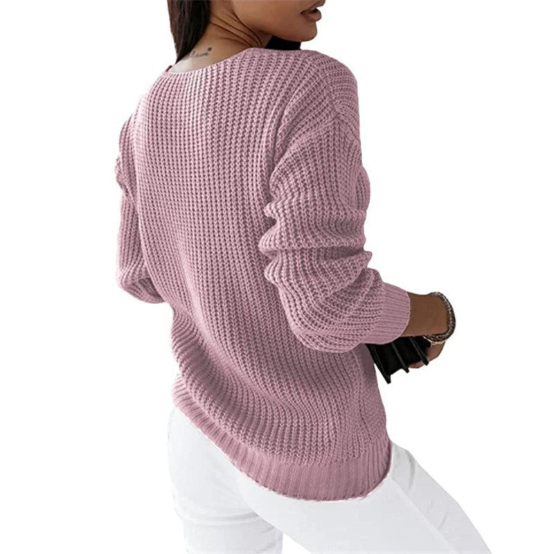 Damen nan grob gestrickter V-Ausschnitt Pullover mit Zopfmuster und lockerer Silhouette Shop Nory