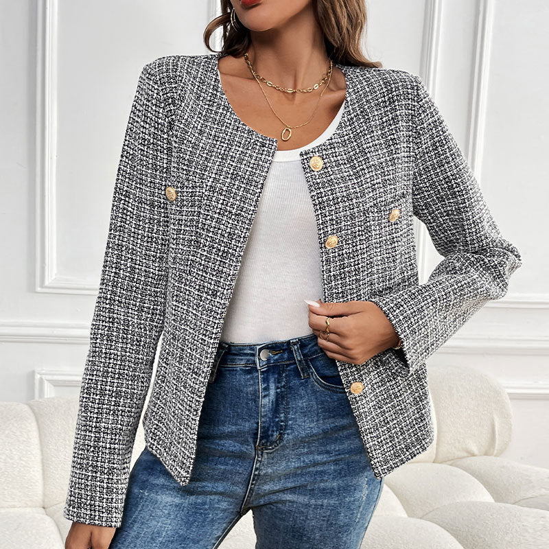 Damen Bouclé-Tweed-Blazer mit Rundhalsausschnitt, goldenen Zierknöpfen und kastiger Silhouette Shop Nory