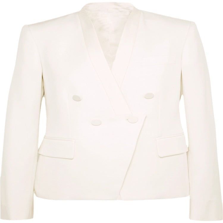 Damen Couture-Zweireiher-Blazer mit minimalistischem Schalkragen und nahtverdeckten Stoffknöpfen Shop Nory