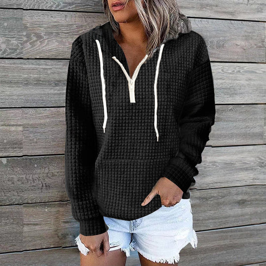 Damen Waffelstruktur Kapuzenpullover mit Halbzip, Kängurutasche und lässigem Oversize‑Schnitt Shop Nory