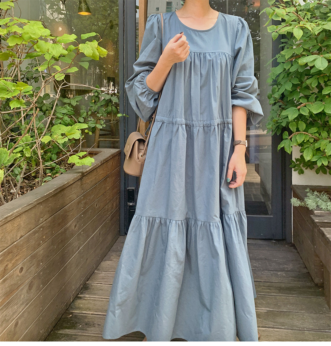 Damen Langes Stufenkleid mit Ballonärmeln und Tunnelzug Shop Nory