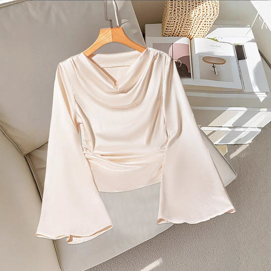 Damen Drapiertes Satin-Top mit Wasserfallkragen & Volantsärmeln Shop Nory